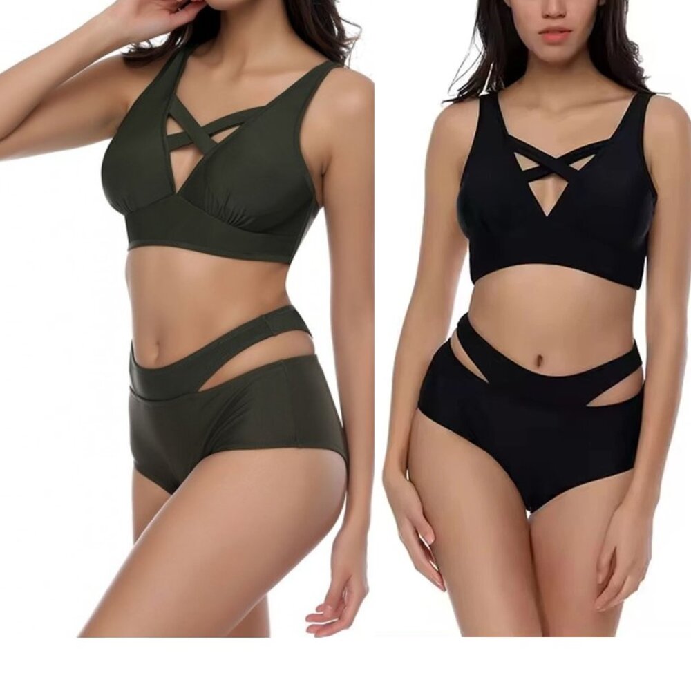 Padded Cups Criss-Cross Women Push Up Top High Waist Cutout Swimwear Bikini Set